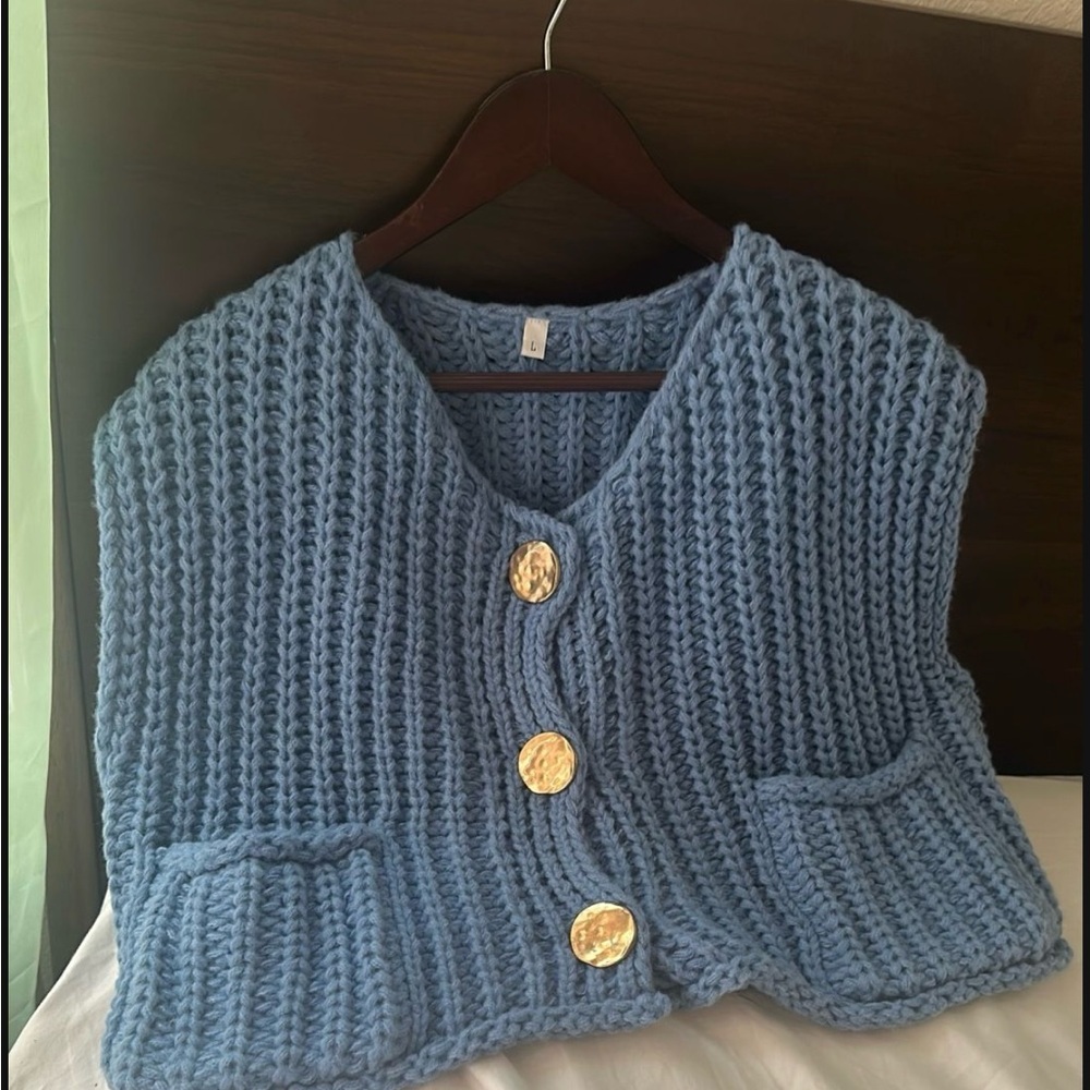 Chunky Knit Blue Sweater Vest with Gold Buttons